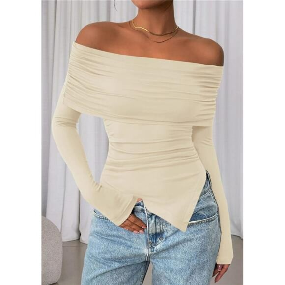 Womens Off Shoulder Long Sleeve Top Fitted Y2K Fall Going Out Blouse Trendy - Picture 2 of 7